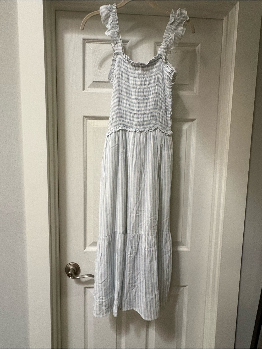 Chenault Light Blue & White Striped Ruffle Strap Maxi Dress